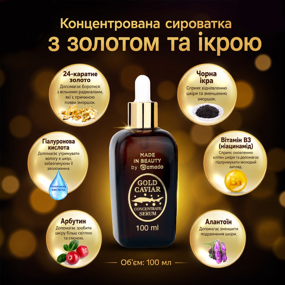 Сыворотка для лица омолаживающая с золотом и черной икрой Amado